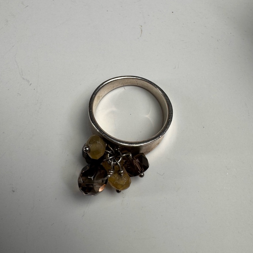 Sterling Silver Artisan Boho Cluster Ring Brown Yellow Faceted Beads Size 8